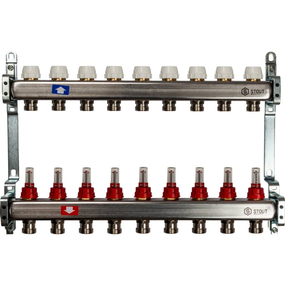 Коллектор из нержавеющей стали для систем напольного отопления с расходомерами на 9выходов STOUT /1/